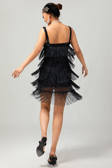 Black Sequin Gatsby Bodycon Short 1920s Dress with Fringes